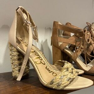 Sam Edelman Yoana Woven Raffia & Leather ankle strap heel Sandals size 8